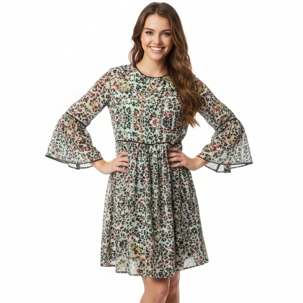 Bhanuni By Jyoti Shift 2 Dress Green Floral Embroidered Lined Boho Feminine Chic